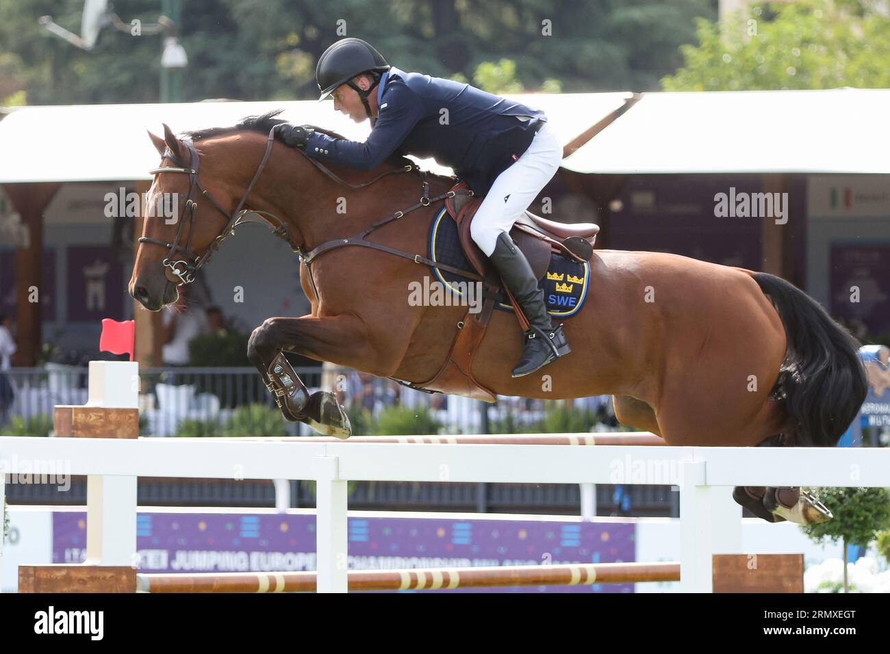 Mailand, Italia. 30 agosto 2023. Sport equestre: Campionato europeo, salto a ostacoli, 1a competizione, salto a tempo (individuale e di squadra). Il saltatore Jens Fredricson dalla Svezia cavalca Markan Cosmopolit. Crediti: Friso Gentsch/dpa/Alamy Live News Foto Stock