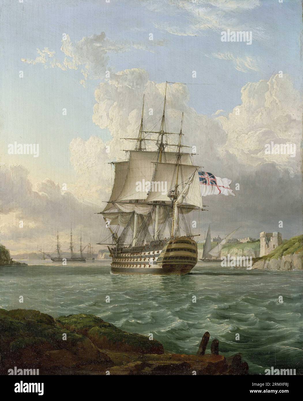 HMS 'Britannia' Leaving a Mediterranean Harbour (1830 circa) di Robert Strickland Thomas Foto Stock