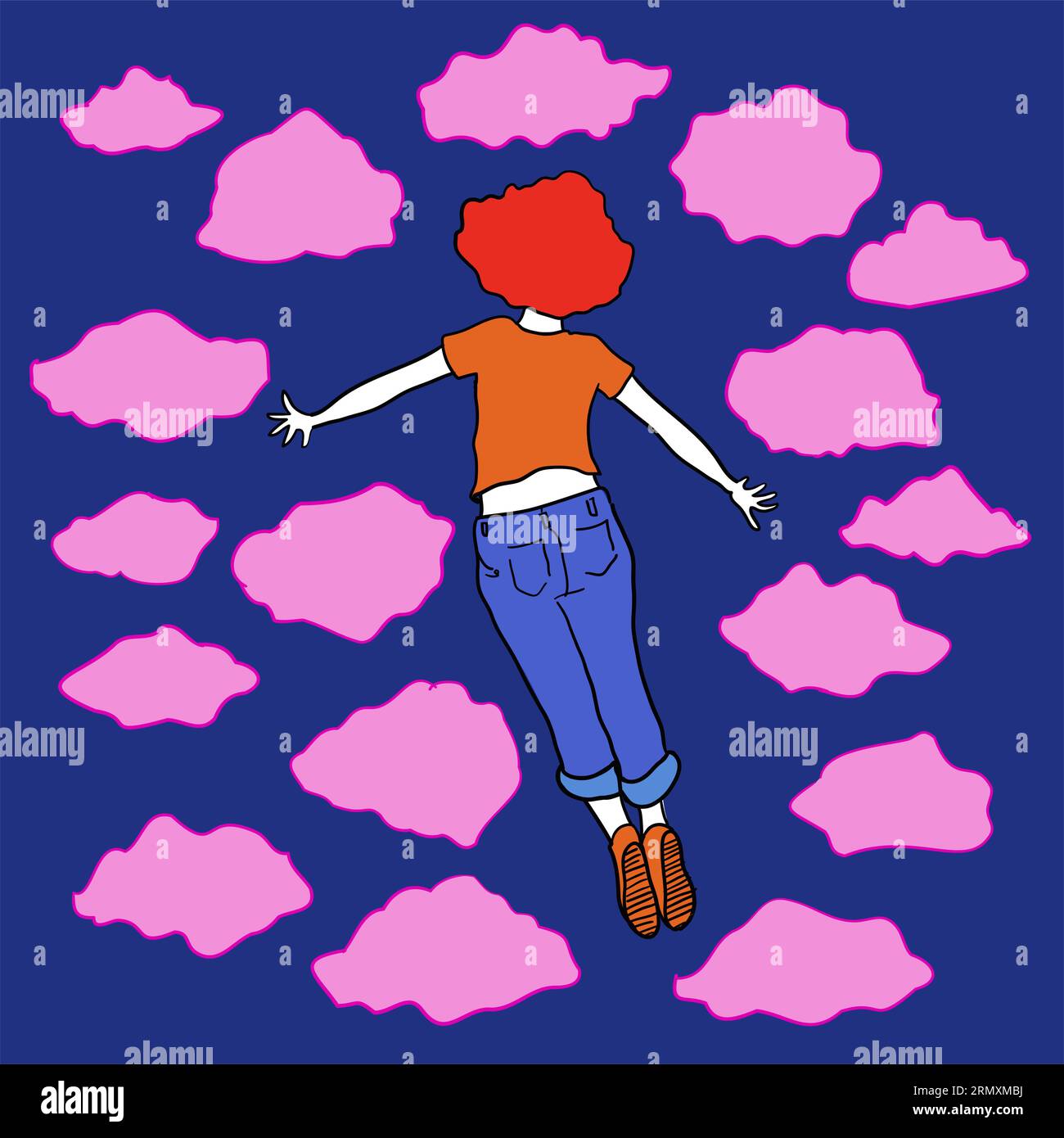 Illustrazione colorata di un giovane con la schiena volata nel cielo blu profondo e nuvole rosa Illustrazione Vettoriale