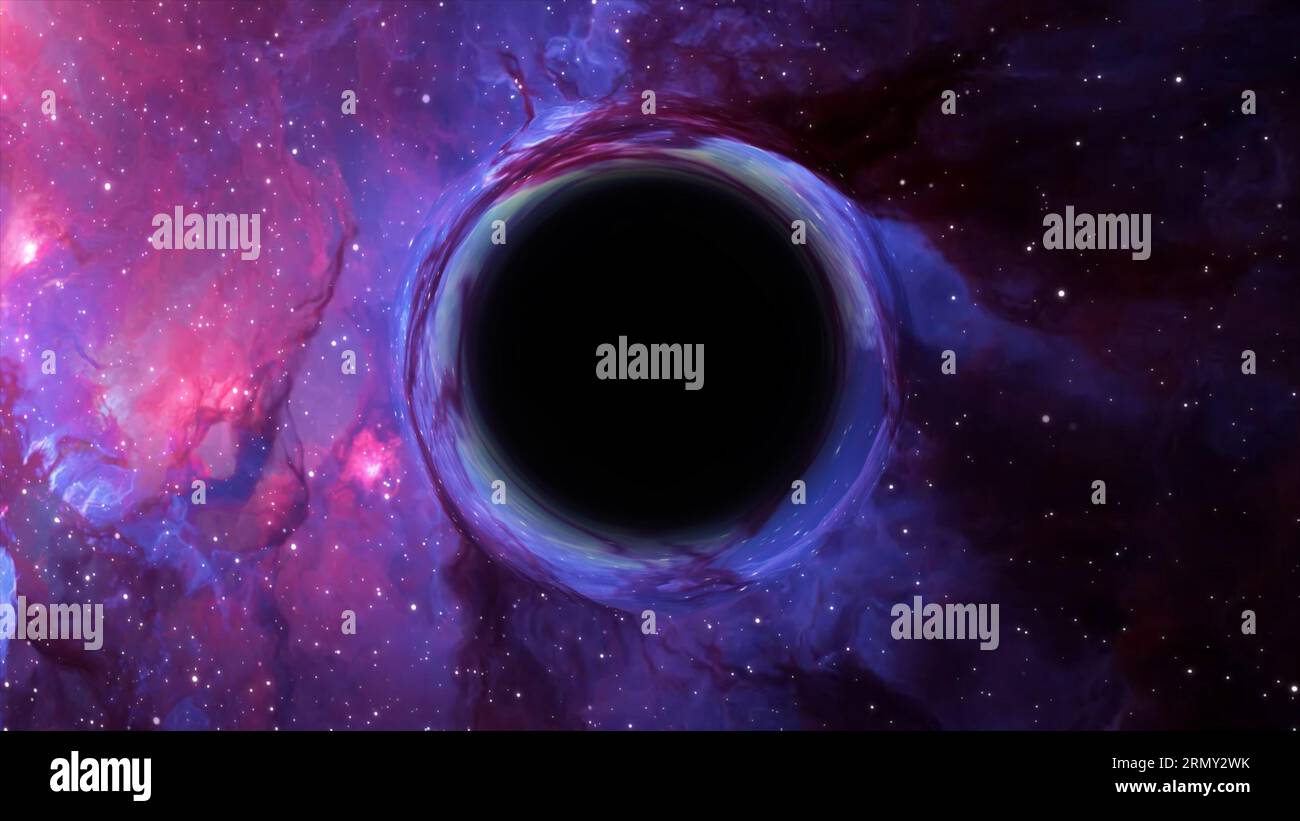 Rendering 3D di un buco nero supermassiccio, in primo piano contro una galassia e un cielo stellato Foto Stock