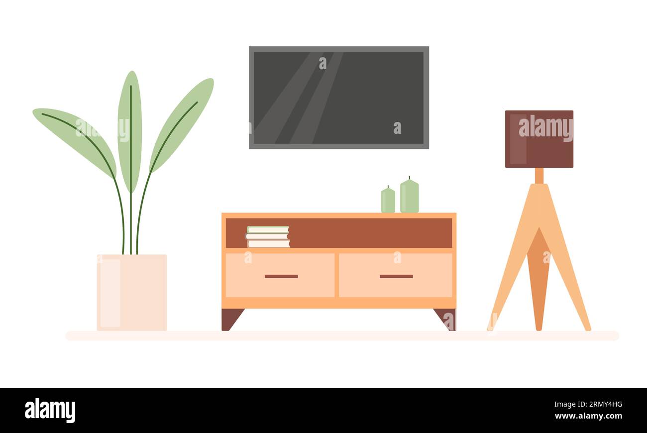 Zona TV nel soggiorno con pianta e lampada. Interni moderni e accoglienti con candele e libri in stile cartoni animati minimalista Illustrazione Vettoriale