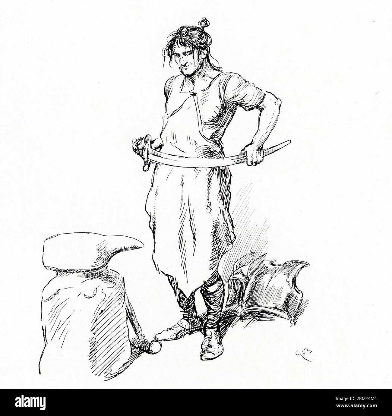 La didascalia dei primi anni '1900 recita: "La spada che Volund ha fatto per sé era così morbida da poterla avvolgere intorno al suo corpo". Völund è un mitico dio-fabbro dei popoli nordici e germanici, il cui spaventoso e brutale racconto di vendetta è riportato nel Völundarkviða, un poema dell'Edda poetica. Foto Stock