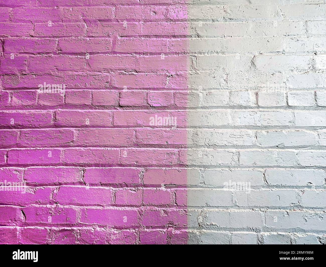 Parete in mattoni verniciati in rosa e grigio argento bicolore Foto Stock