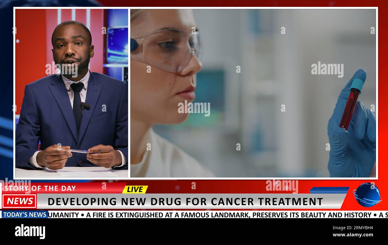 Reporter dà notizie sul trattamento del cancro, scienziati scoprendo droga che cura il virus. Uomo giornalista che presenta informazioni sullo sviluppo sanitario, reportage in diretta in televisione. Foto Stock