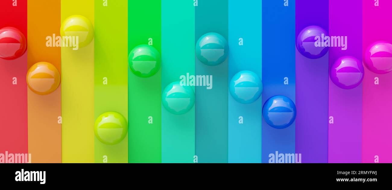 Linee colorate con palla in fila rappresentazione 3d illustrazione 3D. Foto Stock