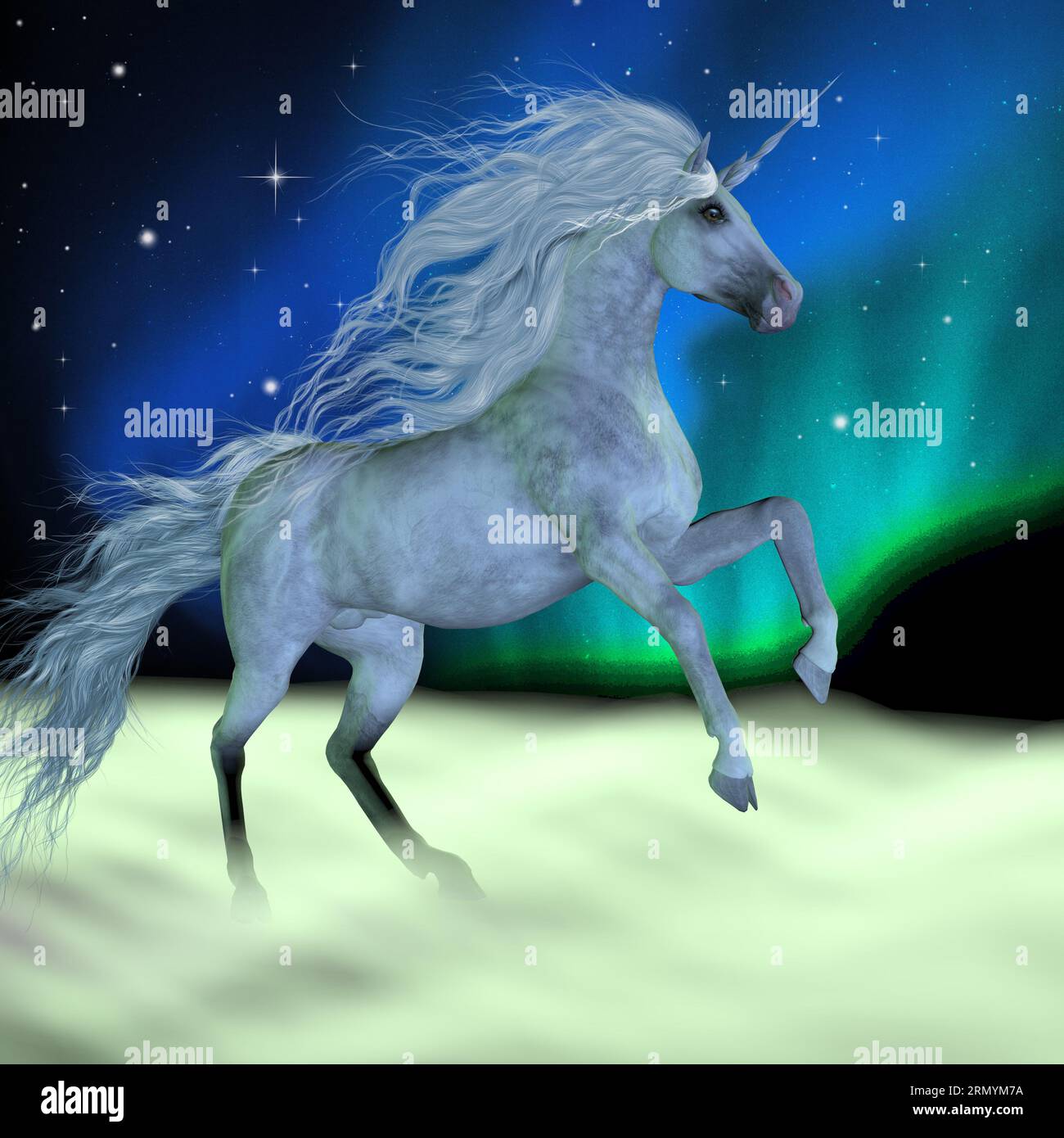 Aurora Lights Unicorn - Un leggendario unicorno bianco che balla sotto l'aurora boreale. Foto Stock