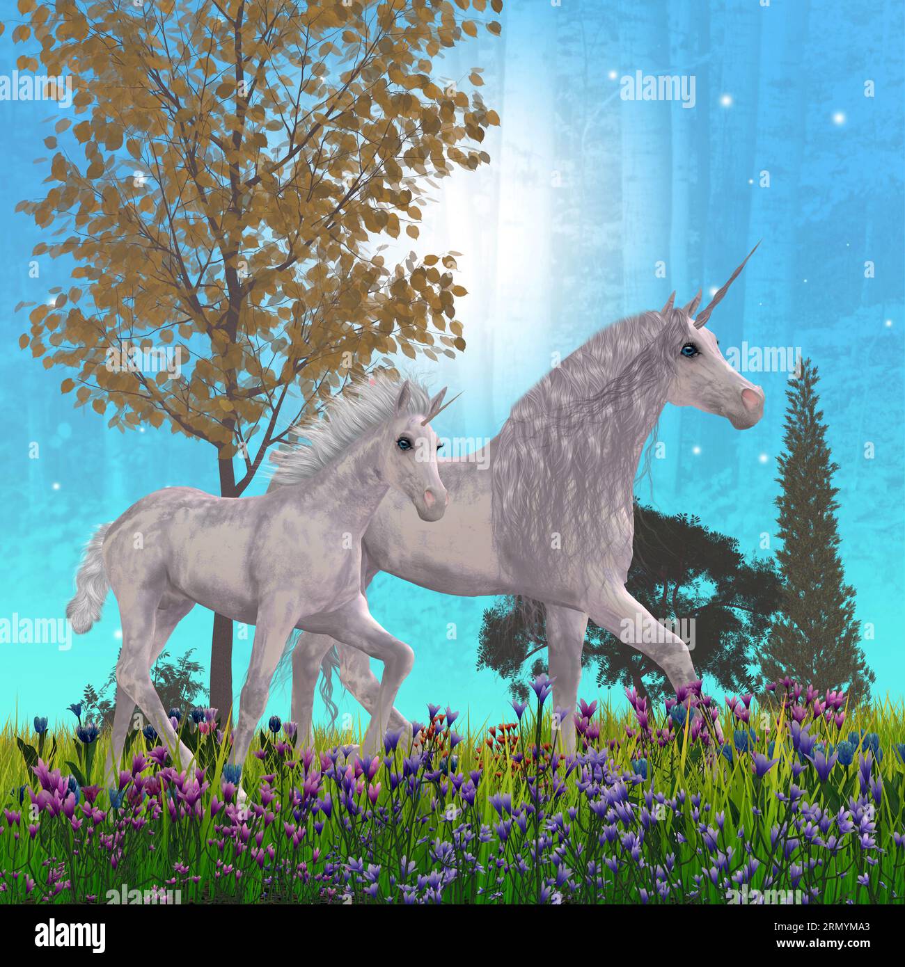 Notte dell'Unicorno con stelle blu - Una leggendaria mare dell'unicorno e la sua pranza puledrica lungo un sentiero illuminato dalla luna attraverso una foresta piena di fiori. Foto Stock