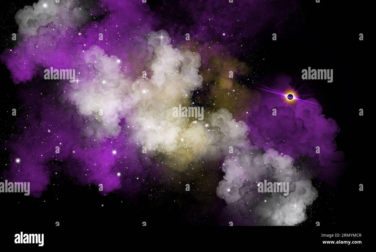 Una nebulosa è una formazione complessa interstellare di nubi piene di stelle che producono gas, materia e plasma. Foto Stock
