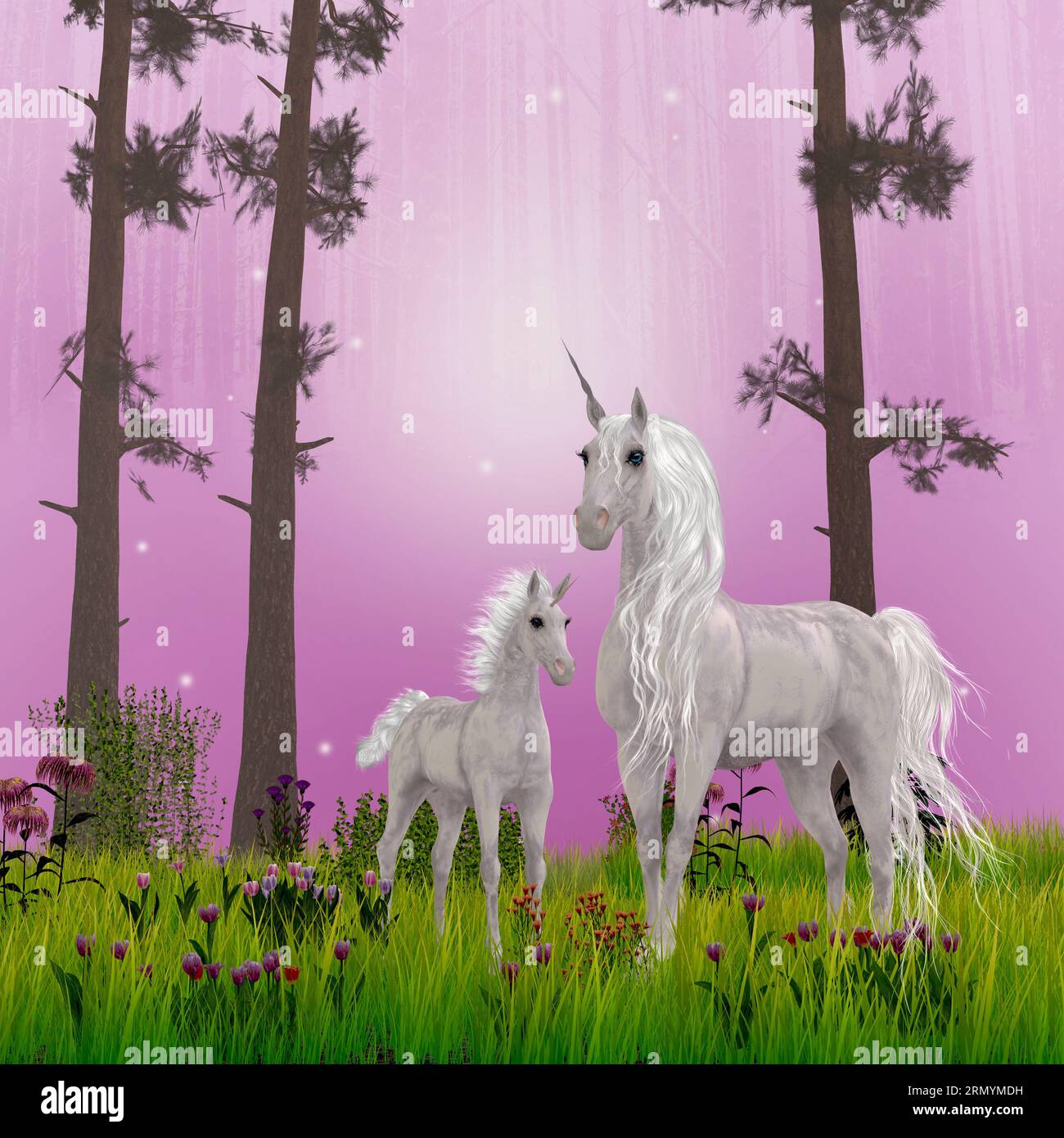 Forest Unicorn Dream - Una leggendaria mare di unicorno bianco e il suo puledro si trovano tra pini e tulipani fioriti. Foto Stock