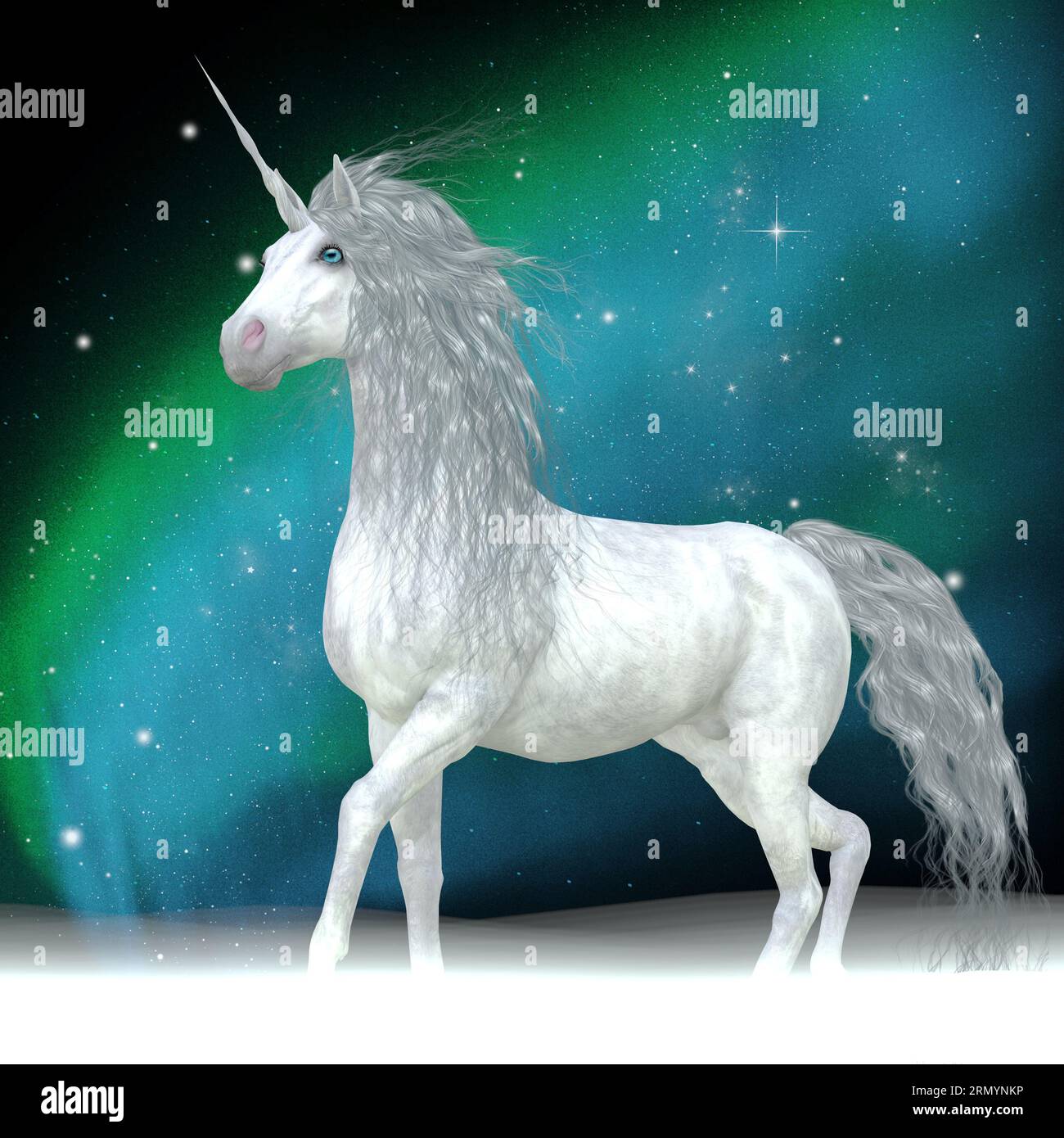 La Unicorn è una mitica creatura che ha un corpo di cavallo con la fronte il clacson e selvaggi zoccoli. Foto Stock