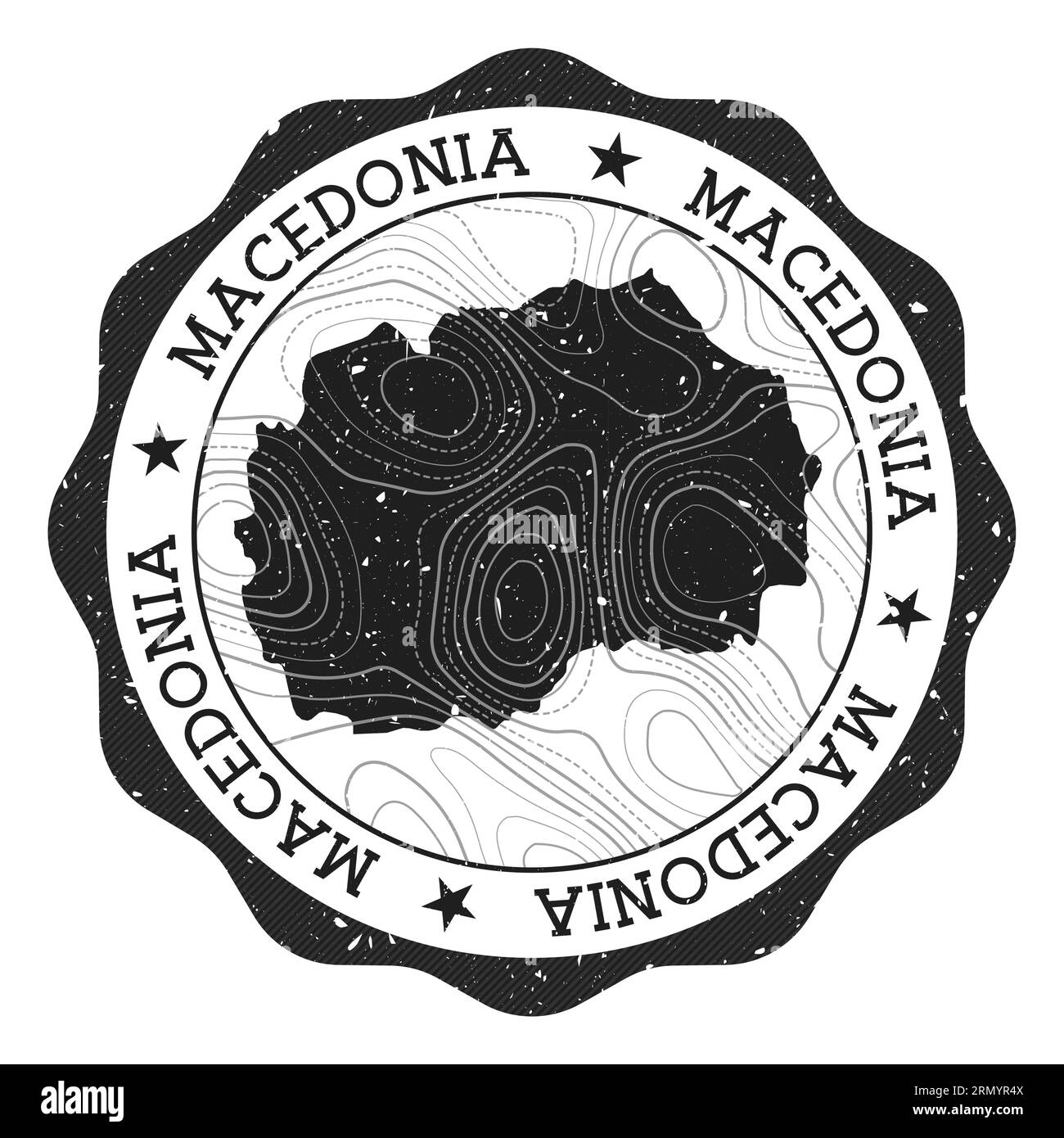 Francobollo all'aperto Macedonia. Adesivo rotondo con mappa del paese con isoline topografiche. Illustrazione vettoriale. Illustrazione Vettoriale