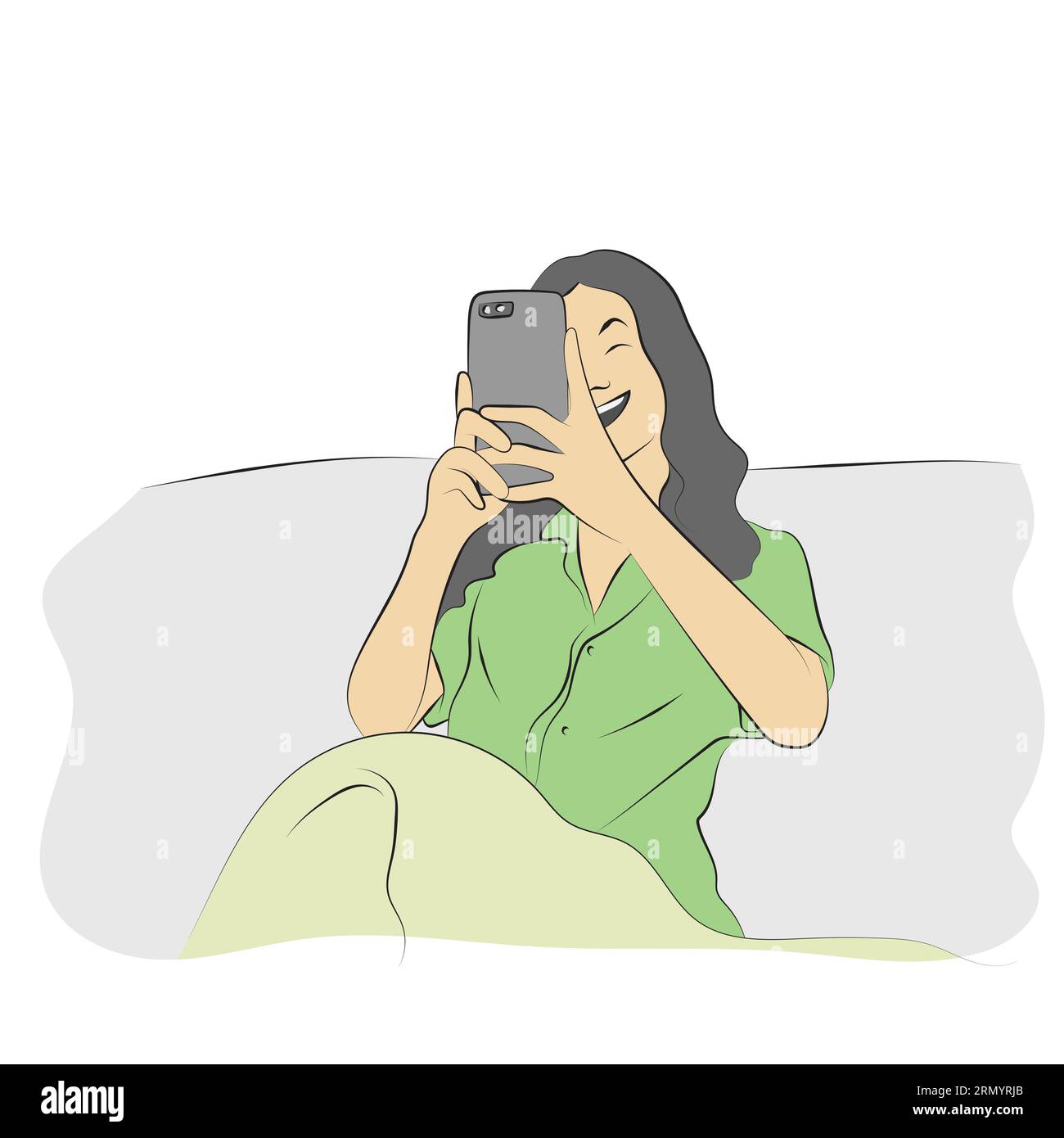 donna sorridente che utilizza lo smartphone sul letto raffigurante un vettore disegnato a mano isolato su sfondo bianco Illustrazione Vettoriale