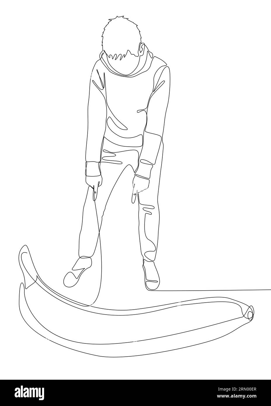 Una linea continua di uomo che punta con il dito contro banana. Concetto vettoriale illustrazione a linee sottili. Idee creative per disegnare contorni. Illustrazione Vettoriale