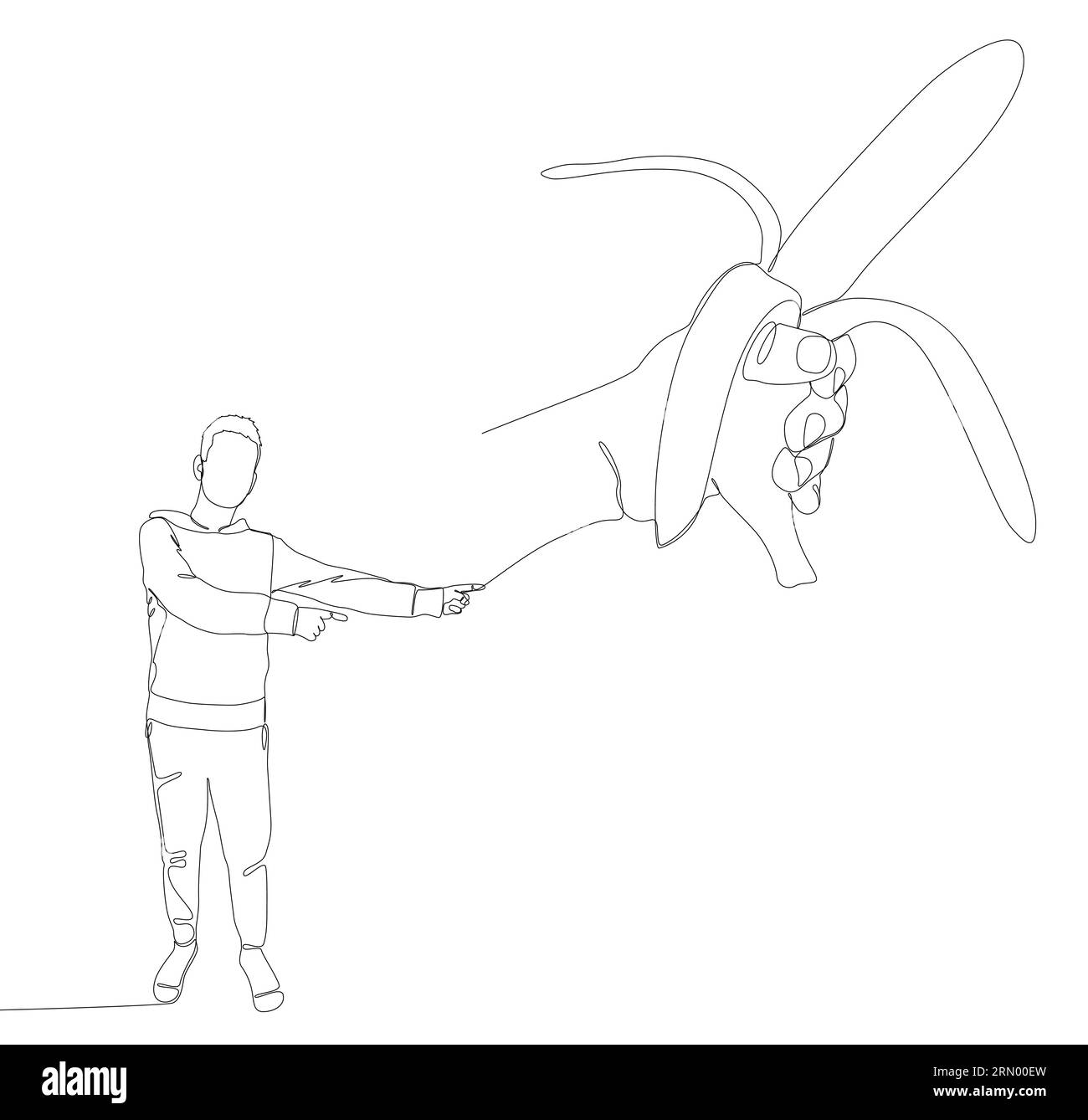 Una linea continua di uomo che punta con il dito contro banana. Concetto vettoriale illustrazione a linee sottili. Idee creative per disegnare contorni. Illustrazione Vettoriale