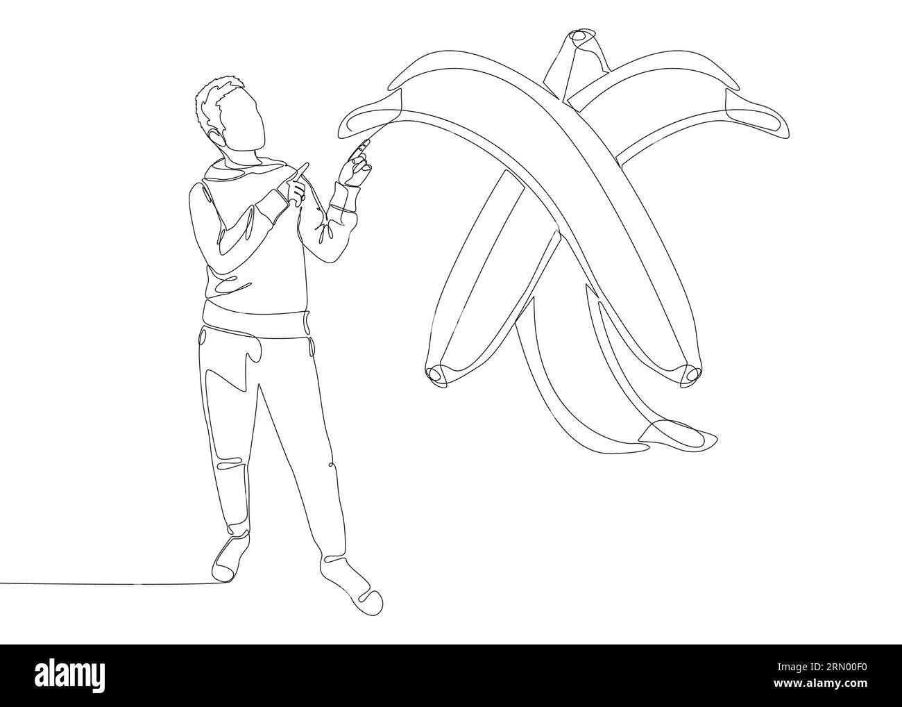 Una linea continua di uomo che punta con il dito contro banana. Concetto vettoriale illustrazione a linee sottili. Idee creative per disegnare contorni. Illustrazione Vettoriale