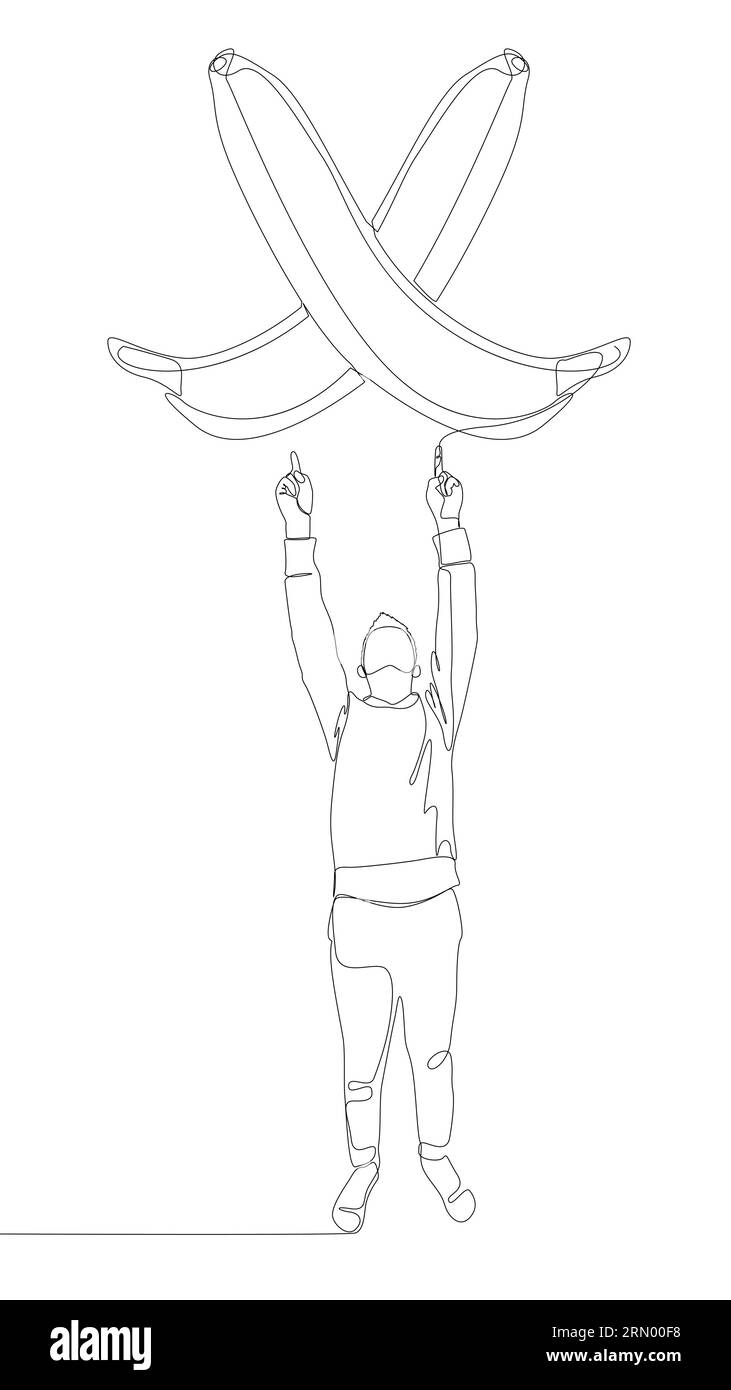 Una linea continua di uomo che punta con il dito contro banana. Concetto vettoriale illustrazione a linee sottili. Idee creative per disegnare contorni. Illustrazione Vettoriale