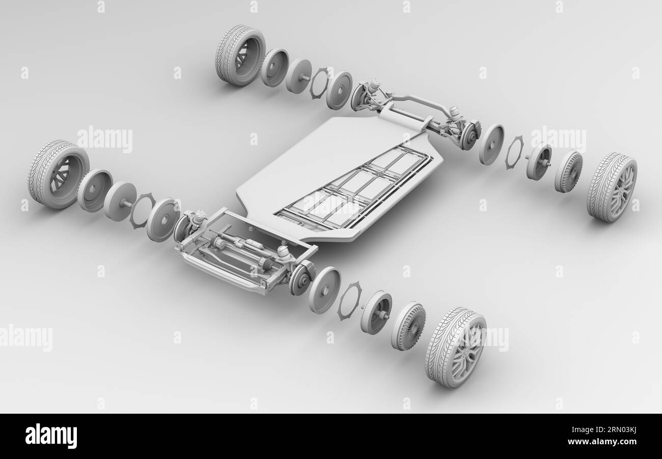 Vista isometrica esplosa del gruppo batterie del motore a bordo ruota e del veicolo elettrico. Stile di rendering in argilla. Illustrazione del rendering 3D. Foto Stock
