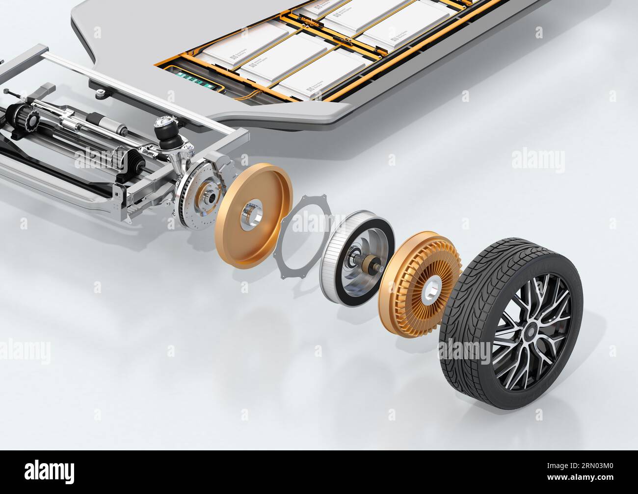 Vista esplosa isometrica del motore della ruota isolato su sfondo bianco. Progettazione generica. Illustrazione del rendering 3D. Foto Stock