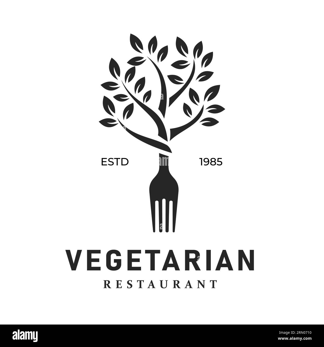 Forca per posate con illustrazione delle foglie di alberi. Vintage retro Restaurant con logo Illustrazione Vettoriale