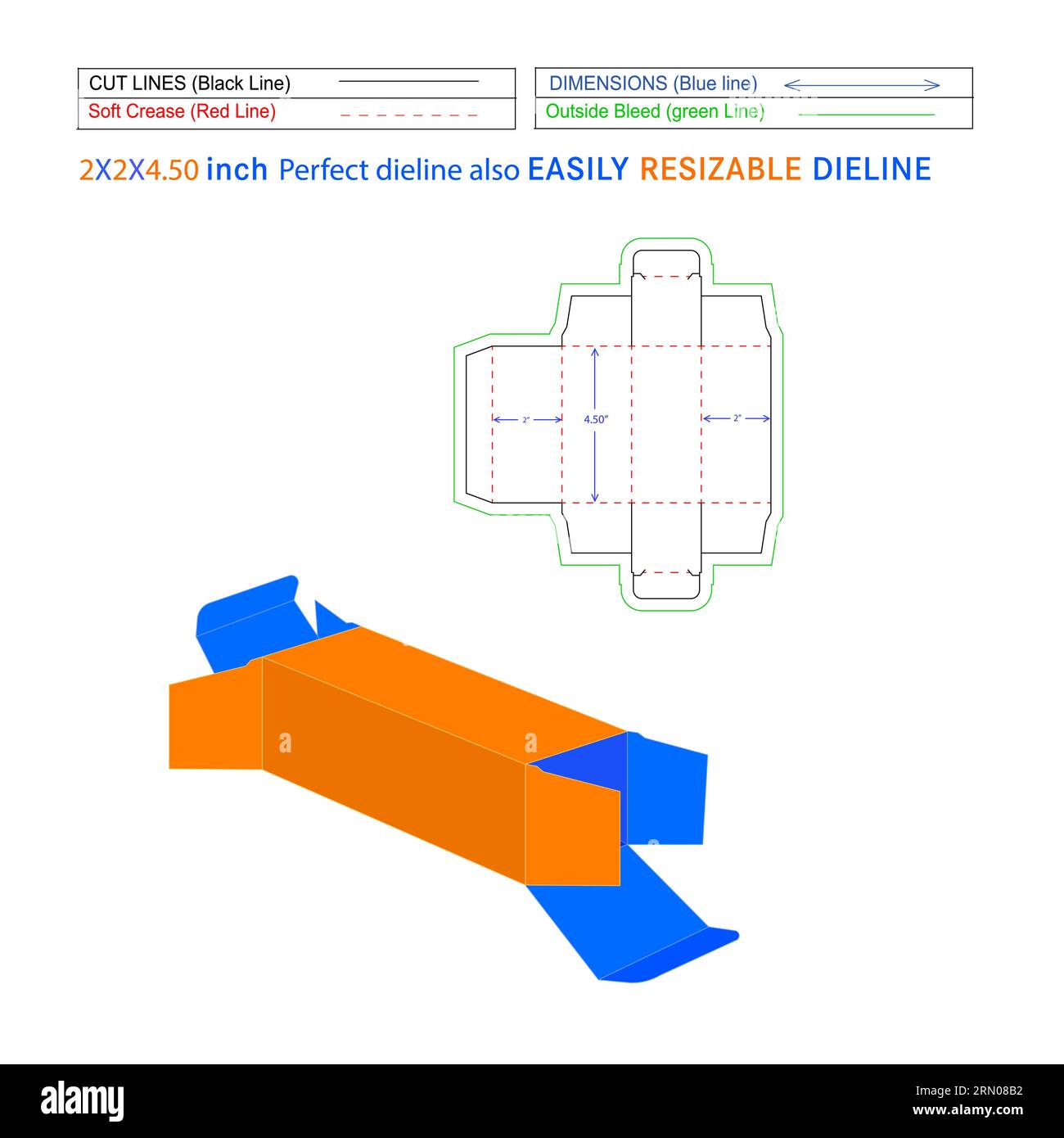 Confezione personalizzata di scatole pieghevoli con estremità dritta da 2x2x4,50 pollici modello di linea della matrice e file vettoriale 3D. Illustrazione Vettoriale