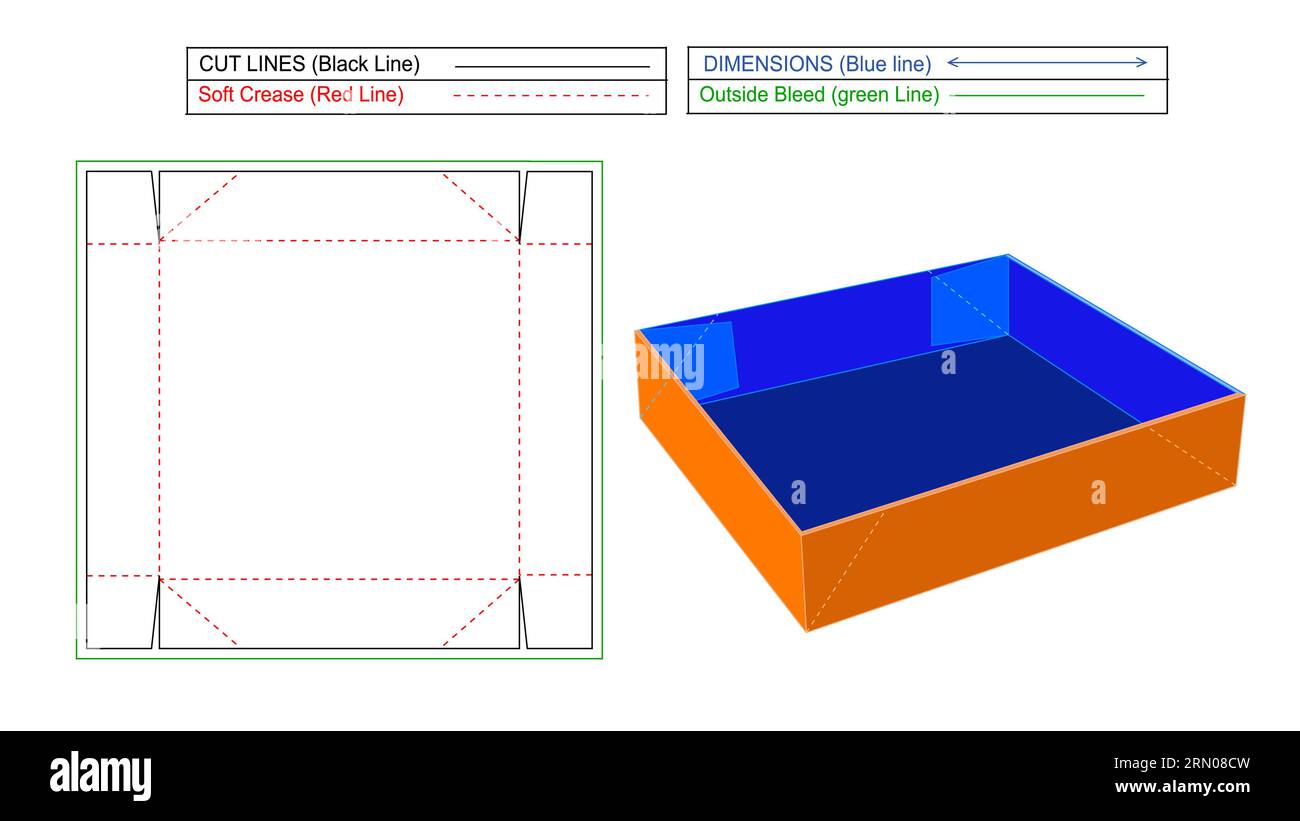 Scatola di cartone facilmente ridimensionabile e modificabile, scatola di cartone ondulata per la spedizione, modello di linea stampo e rendering 3D. Illustrazione Vettoriale