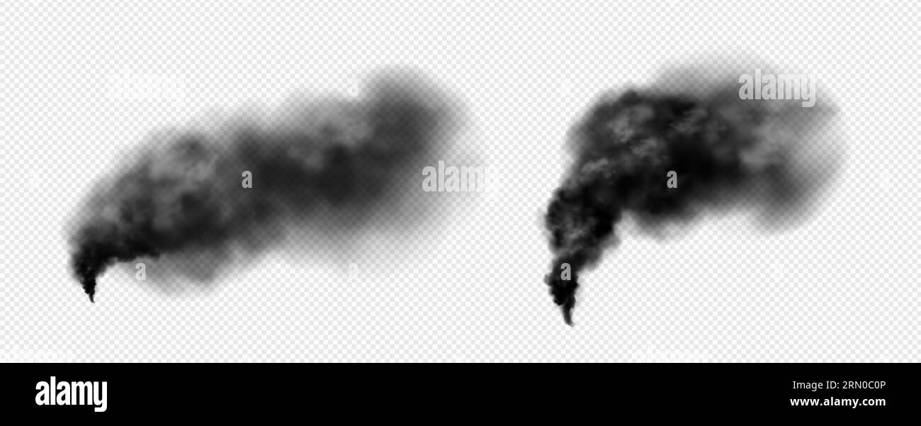 Set realistico di fumo nero isolato su sfondo trasparente. Illustrazione vettoriale di nuvole scure di smog che si innalzano nell'aria dal camino, incendi, dopo l'esplosione e il fuoco, emissioni di co2, elemento di design Illustrazione Vettoriale