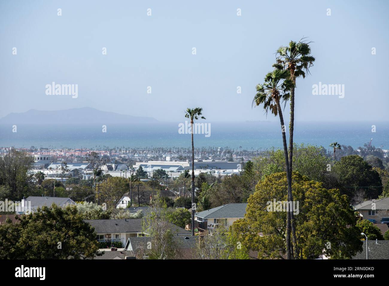 Le palme incorniciano una vista della città e dell'oceano del centro di Ventura, California, Stati Uniti. Foto Stock