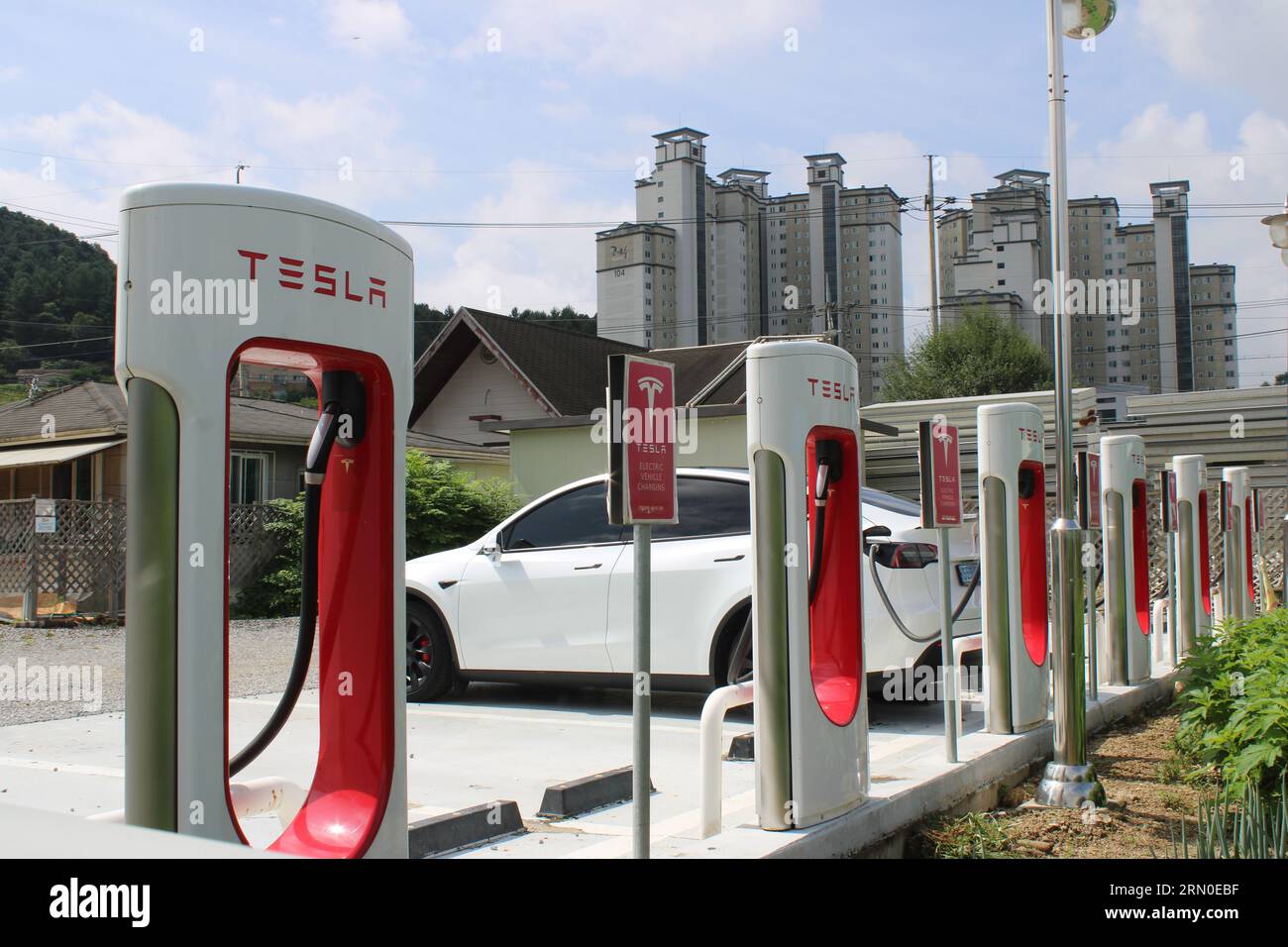 Stazione di ricarica Tesla EV Foto Stock