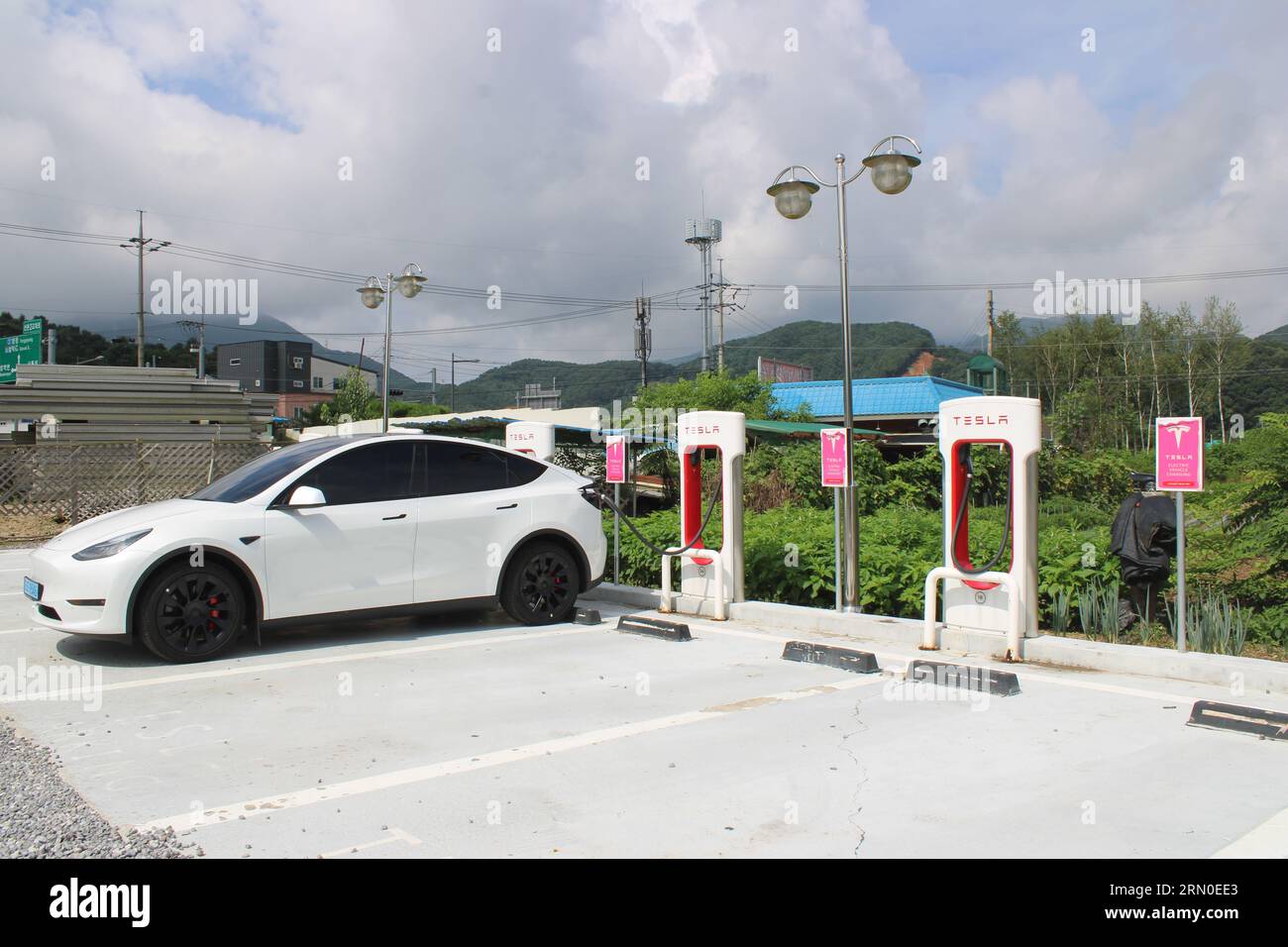 Stazione di ricarica Tesla EV Foto Stock