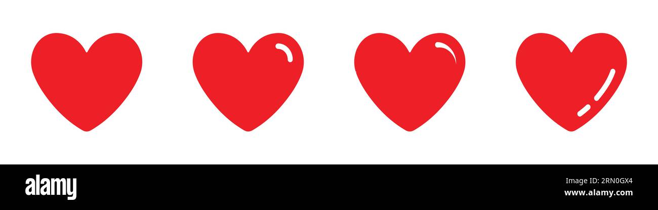 Simboli icona a forma di cuore rosso in stile lucido Set di quattro. Le icone rosse a forma di cuore impostano il vettore. Illustrazione Vettoriale