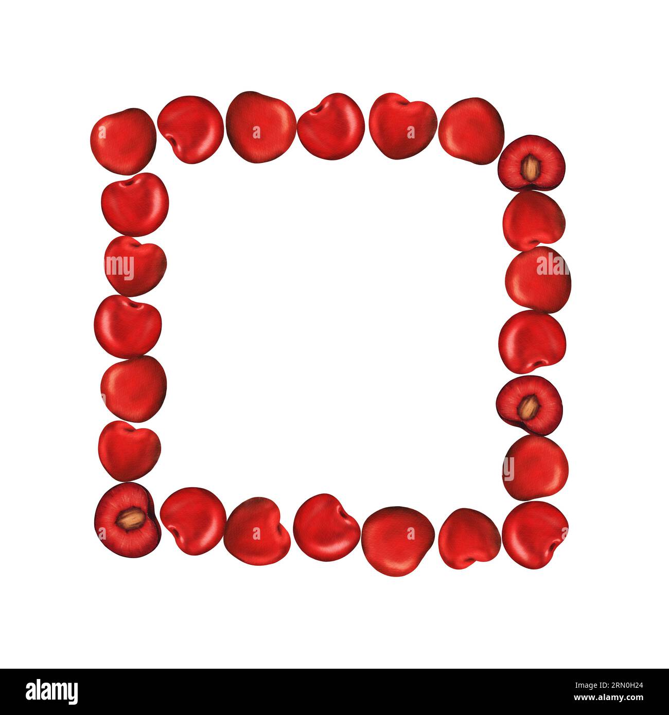 square frame elegantly bordered by meticulously placed cherry berries, purposefully embracing an artful nonchalance. watercolor hand drawn Foto Stock