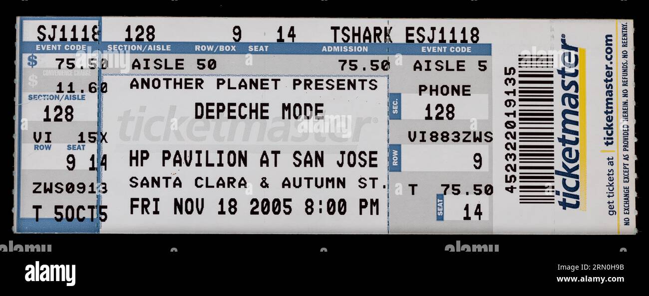 San Jose, California - 18 novembre 2005 - Old Used ticket stub per il concerto dei Depeche Mode all'HP Pavilion Foto Stock