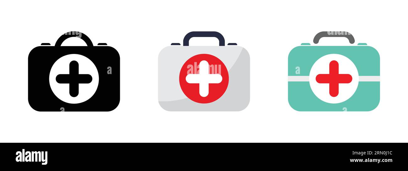 Set di tre icone del kit di pronto soccorso. Immagine piatta dell'icona vettoriale del kit di pronto soccorso per la progettazione del Web. Icona del kit di pronto soccorso illustrazione vettoriale in rosso, Illustrazione Vettoriale