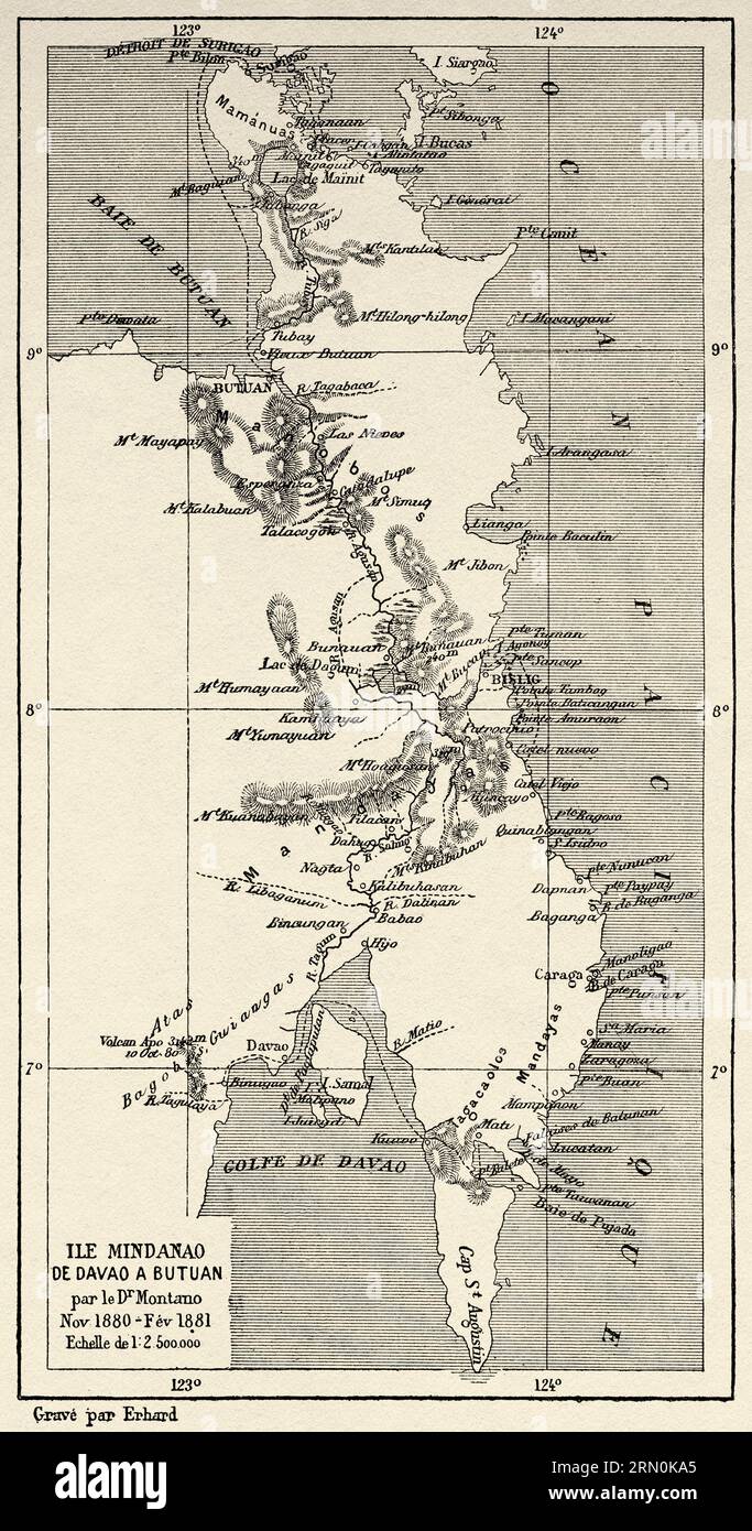 Mappa dell'isola di Mindanao da Davao a Butuan. Filippine. Indonesia. Viaggio nelle Filippine e in Malesia del Dr. J. Montano 1879-1881. Incisione del vecchio XIX secolo da le Tour du Monde 1906 Foto Stock