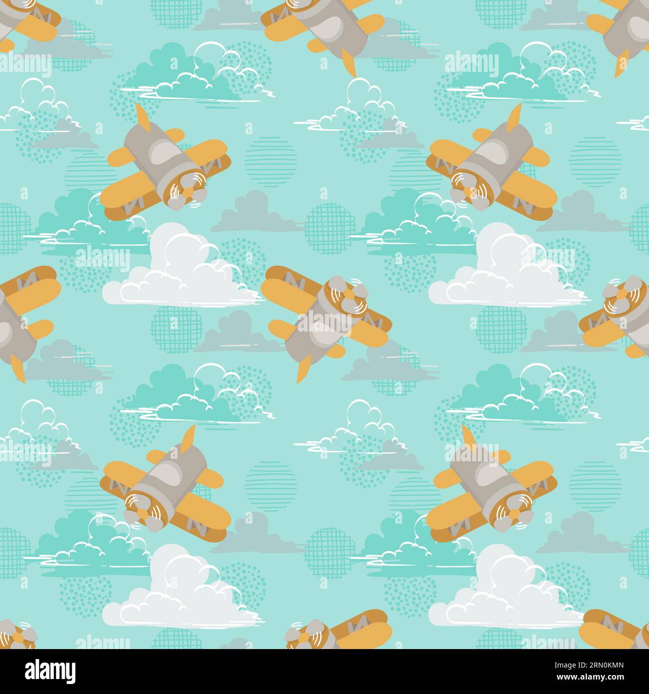 Aerei giocattolo tra soffici nuvole su sfondo blu Illustrazione Vettoriale