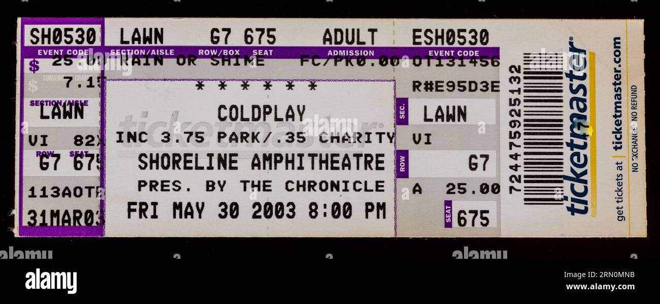 Mountain View, California - 30 maggio 2003 - biglietto usato per il concerto dei Coldplay allo Shoreline Amphitheater Foto Stock