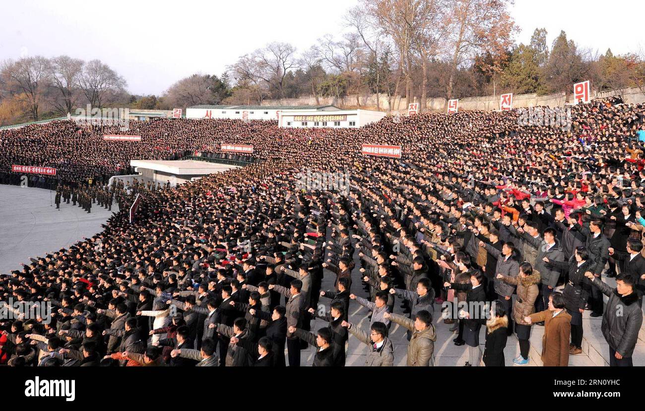 (141127) -- PYONGYANG, 27 novembre 2014 -- foto fornita dalla Korean Central News Agency () il 27 novembre 2014 mostra i membri della giovane avanguardia che organizzano una manifestazione a Pyongyang, la Repubblica Popolare Democratica di Corea (RPDC). I membri della giovane avanguardia, i funzionari e i membri dei sindacati hanno tenuto raduni giovedì presso il Teatro all'aperto del Parco dei giovani e il sito rivoluzionario Jonsung a Pyongyang per sostenere la dichiarazione della Commissione nazionale di difesa della RPDC contro una risoluzione delle Nazioni Unite sui diritti umani, secondo . ) RPDC-PYONGYANG-DEMONSTRATION KCNA PUBLICATIONxNOTxINxCHN Pyongyang Nov 27 2014 Pho Foto Stock