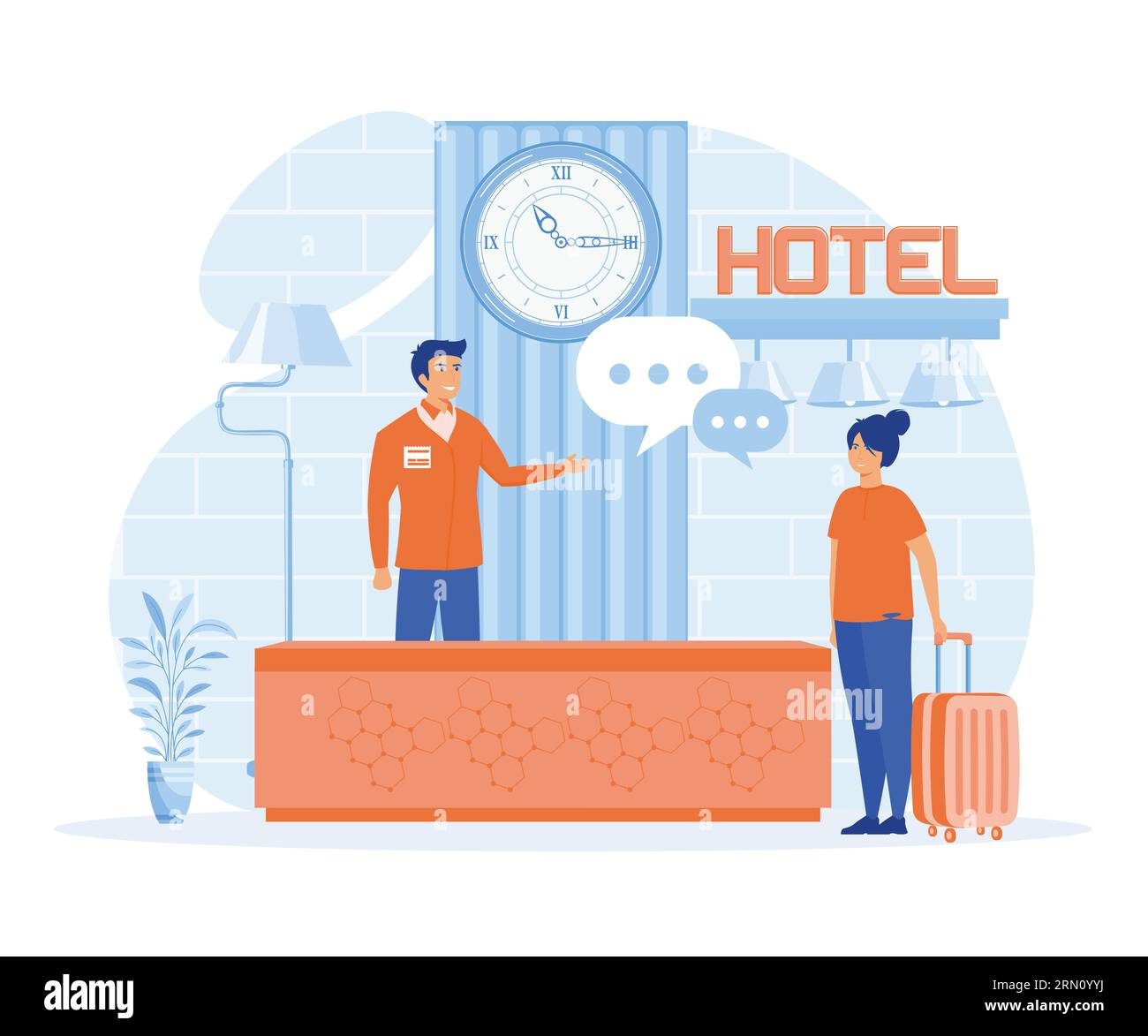 Servizi alberghieri per il concetto di business. Sistemazione in hotel, lobby business, bar della hall dell'hotel, illustrazione moderna a vettore piatto Illustrazione Vettoriale