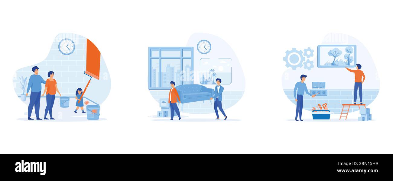 Servizi di riparazione a domicilio. famiglia, bambino dipingere muro con rullo. Marito e moglie incollano la carta da parati, i ragazzi spostano i mobili del divano in camera. impostare la modalità vettoriale piatta Illustrazione Vettoriale