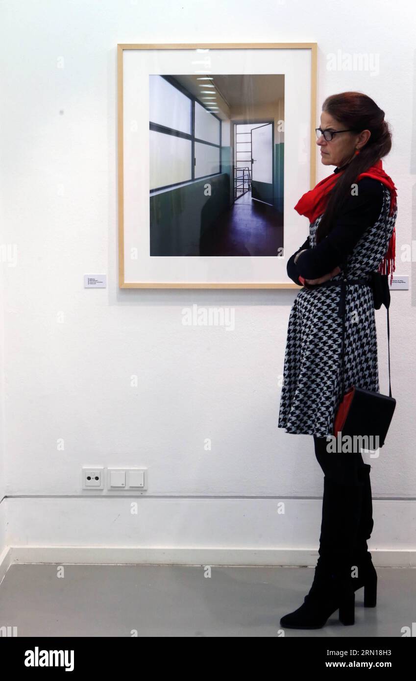 Una donna ammira le foto di Matthias Matzak durante la cerimonia di apertura della mostra LIGHT AIR SUN: The New Frankfurt in German Architecture Museum a Francoforte, Germania, il 05 dicembre 2014. Tra il 1925 e il 1930 la città di Francoforte si trasformò in un punto di riferimento del movimento New Building all'avanguardia, che conquistò l'intero continente europeo. Al centro di questa tendenza c'era lo sforzo di costruire alloggi sociali. Nel 2008 l'artista fotografico di Francoforte Matthias Matzak ha iniziato a registrare i resti di questa eredità con la sua fotocamera. Ha optato per un approccio soggettivo all'architettura, dipingendo così un Foto Stock