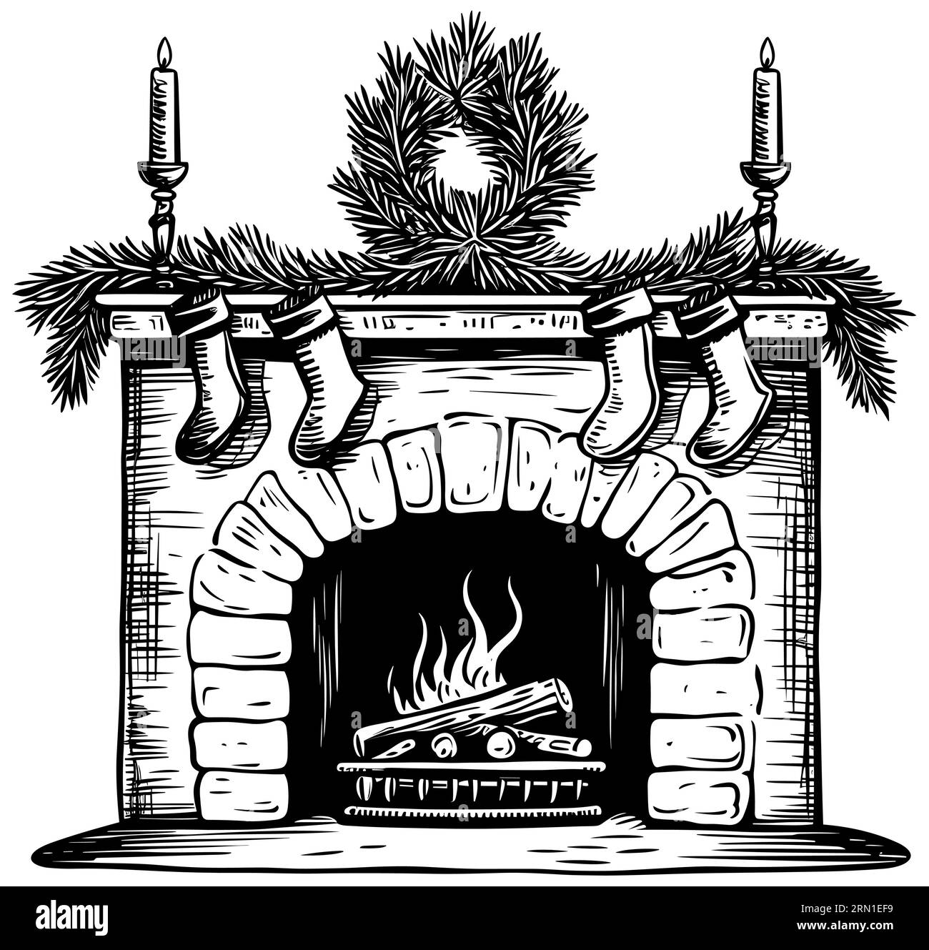 Illustrazione in stile legno di un caminetto decorato per Natale. Illustrazione Vettoriale