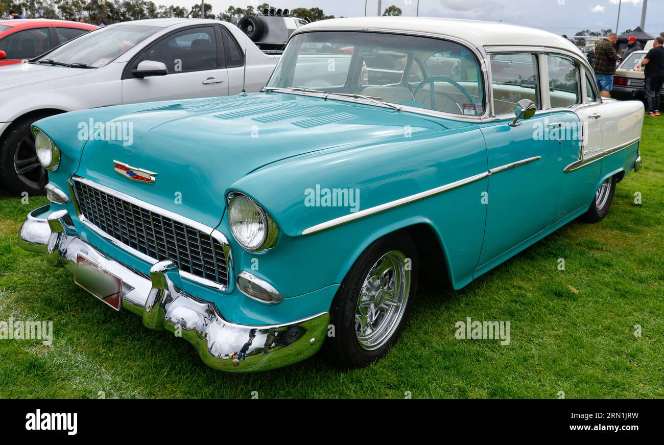 Chevrolet bel Air Blue White Vintage retro Show Shine Day Out, Melbourne Victoria Foto Stock