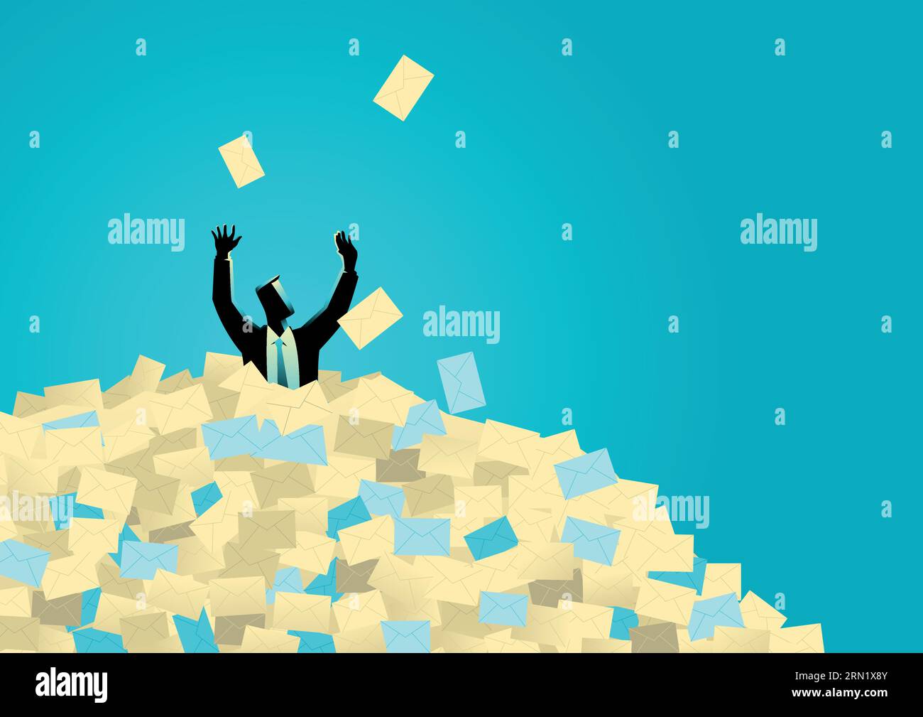 Illustrazione aziendale di un uomo d'affari sepolto in lettere, spam, messaggi, e-mail, concetto di posta indesiderata Illustrazione Vettoriale