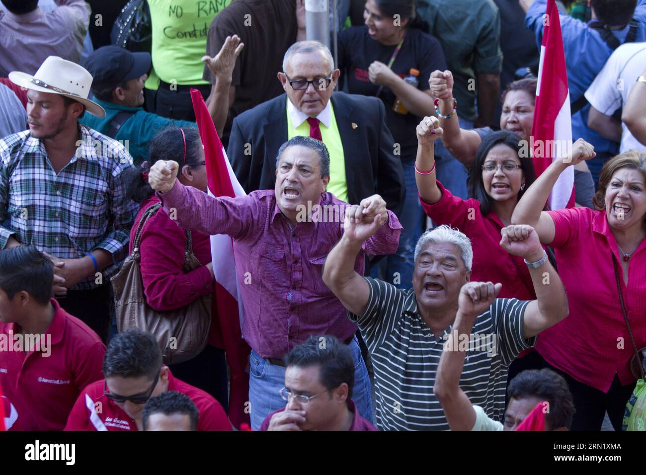 TEGUCIGALPA, sostenitori del partito politico Libertad y Refundacion , il cui leader è l'ex presidente honduregno, Jose Manuel Zelaya Rosales, celebrano la non ratifica costituzionale della polizia militare dell'ordine pubblico (PMOP), di fronte al Congresso nazionale, nella città di Tegucigalpa, Honduras, il 24 gennaio 2015. Il Congresso honduregno ha respinto sabato la proposta del ramo esecutivo di concedere il grado costituzionale al PMOP, durante la chiusura delle sessioni della prima legislatura. Dopo il rifiuto dei legislatori, il presidente Juan Orlando Hernandez ha detto che chiederà Foto Stock