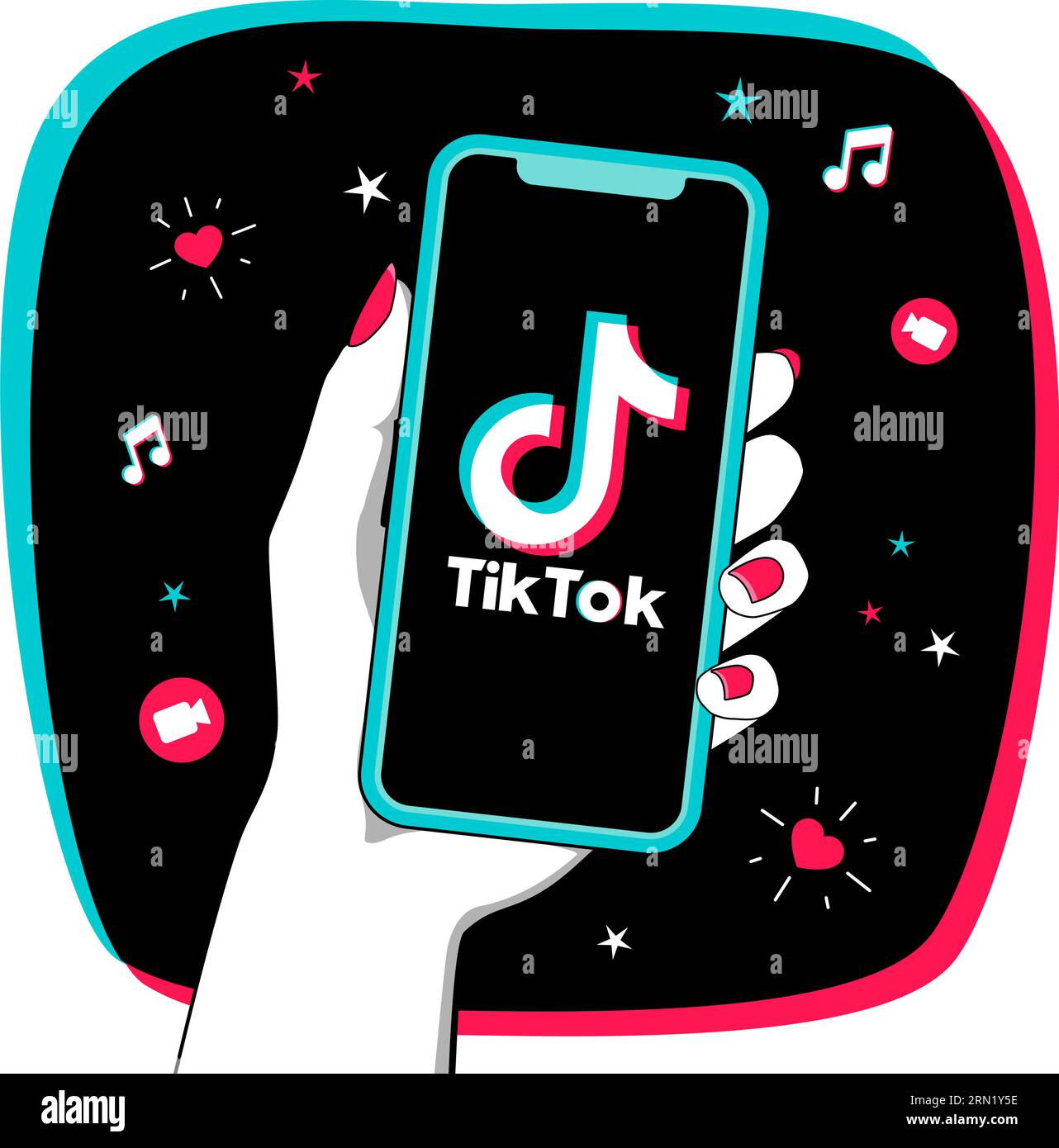 Mano di donna che tiene lo smartphone con il logo TikTok sullo schermo. Intrattenimento breve video social network. Illustrazione vettoriale con concetto adolescenziale. Illustrazione Vettoriale