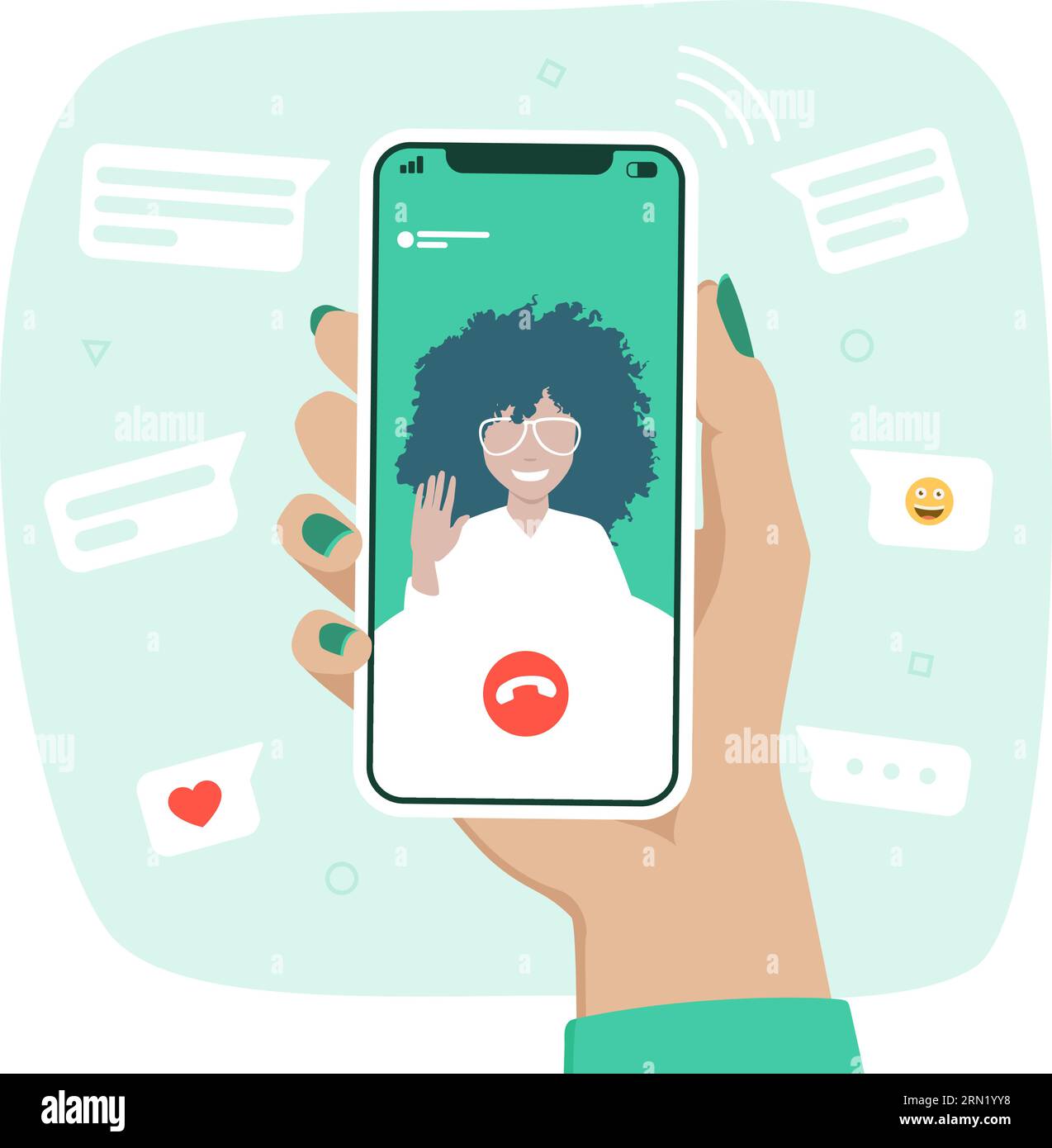 Videochiamata con una ragazza. Mano che tiene uno smartphone con una donna sullo schermo. Videoconferenza tramite telefono cellulare. Illustrazione del vettore piatto. Illustrazione Vettoriale