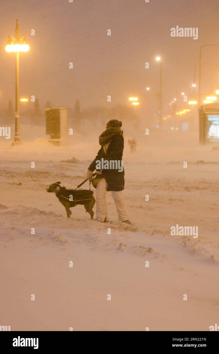 CHICAGO, 1 febbraio 2015 -- una signora cammina il suo cane nella bufera di neve a Chicago, negli Stati Uniti, il 1 febbraio 2015. Una tormenta colpì Chicago domenica mattina e causò più di 1.000 voli cancellati. He Xianfeng) U.S.-CHICAGO-BLIZZARD hexianfeng PUBLICATIONxNOTxINxCHN Chicago Feb 1 2015 One Lady Walks Her Dog in Blizzard a Chicago Stati Uniti IL 1 febbraio 2015 una Blizzard ha colpito Chicago domenica mattina e HA CAUSATO più di 1 000 voli cancellati He Xian Feng U S Chicago Blizzard PUBLICATIONXNOTxINxCHN Foto Stock