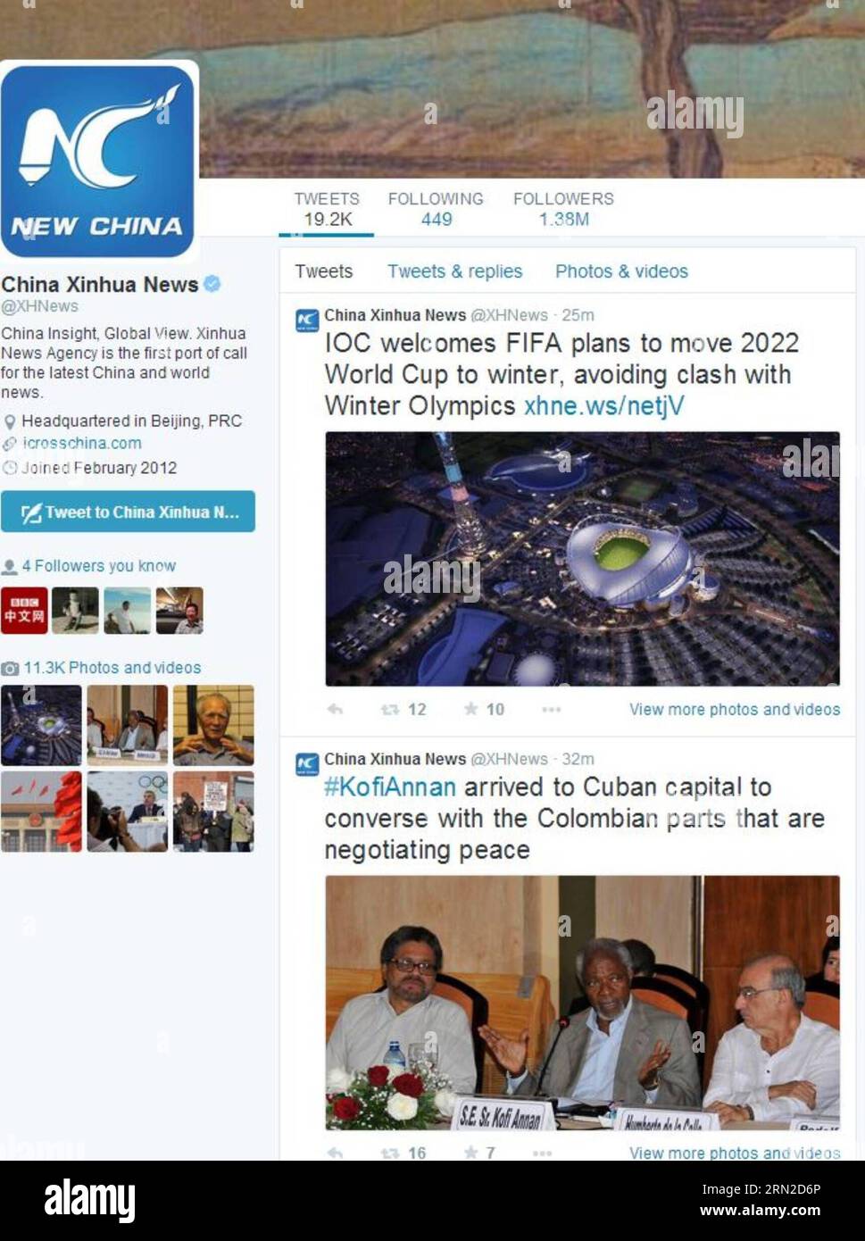 Questa schermata mostra la pagina dell'account Twitter di News Agency. Ha annunciato ufficialmente la sua presenza globale sui social media domenica, dopo aver ribattezzato i suoi account Facebook, Twitter e YouTube con il nome unificato New China. () CINA-- LANCIO DI ACCOUNT DI SOCIAL MEDIA GLOBALI (CN) Xinhua PUBLICATIONxNOTxINxCHN questa cattura della schermata mostra la pagina dell'account Twitter dell'agenzia di stampa ha ufficialmente svelato la sua presenza sui social media globali domenica dopo aver rinominato i suoi account Facebook Twitter e YouTube con il nome unificato New China Global Social Media Accounts Launch CN XINHUA PUBLI Foto Stock