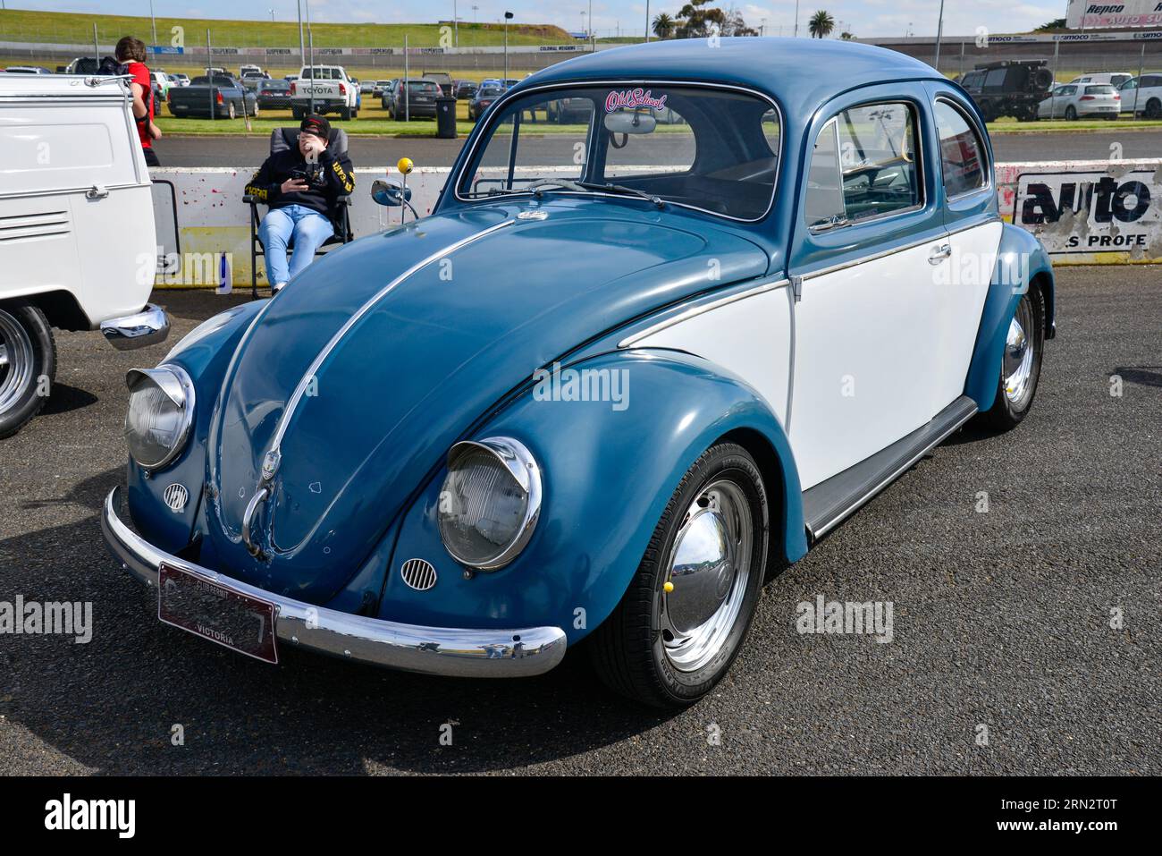 Volkswagen VW Beetle Blue White Cream vintage retro On Show Shine, Melbourne, Victoria, Australia Foto Stock