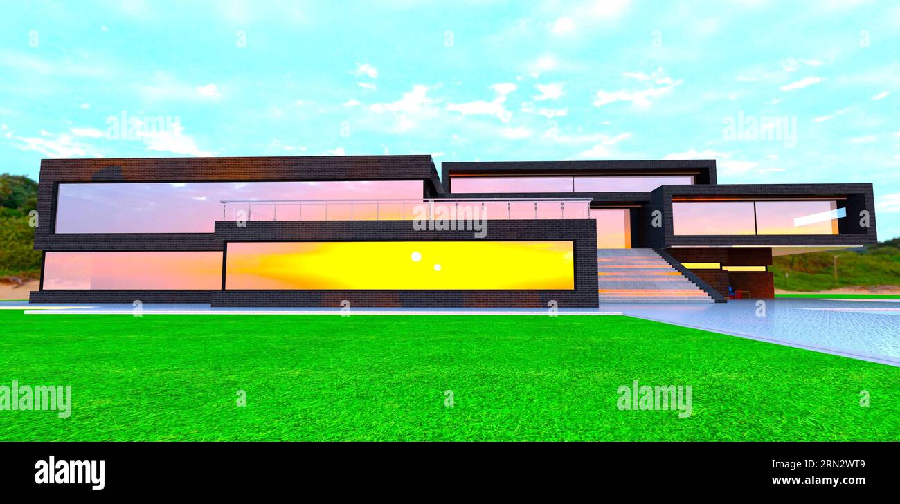 Luminoso riflesso dell'alba nelle finestre a specchio dell'albergo contemporaneo rifinito con mattonelle nere. rendering 3d. Foto Stock